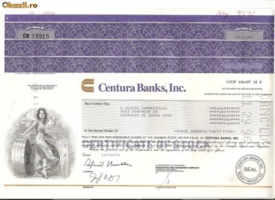 339 Actiuni -Centura Banks, Inc. -seria CB 33915 foto