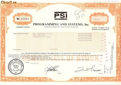 433 Actiuni - PROGRAMMING AND SYSTEMS, Inc. -seria NU26583 foto