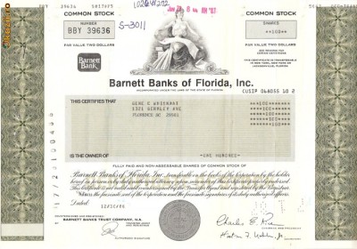 411 Actiuni -Barnett Banks of Florida, Inc. -seria BBY 39636 foto
