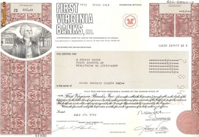 397 Actiuni -FIRST VIRGINIA BANKS, INC. -seria ZQ 012885 foto