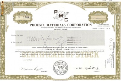381 Actiuni -PHOENIX MATERIALS CORPORATION-seria S 1384 foto