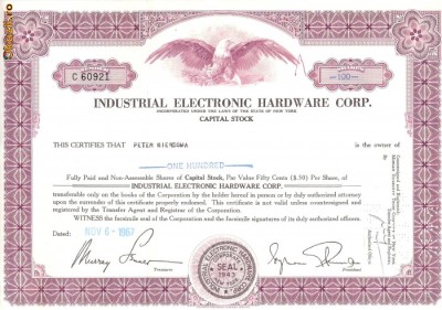 382 Actiuni -INDUSTRIAL ALECTRONIC HARDWARE CORP.-seria C60921 foto