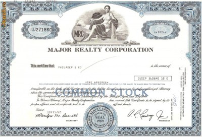 431 Actiuni - MAJOR REALTY CORPORATION -seria UJ271860 foto