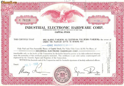 385 Actiuni -INDUSTRIAL ALECTRONIC HARDWARE CORP.-seria C76116 foto