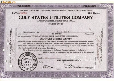 405 Actiuni -GULF STATES UTILITIES COMPANY -seria TNC19258 foto