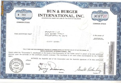 391 Actiuni -BUN&amp;amp;amp;BURGER INTERNATIONAL, INC.-seria B 792 foto