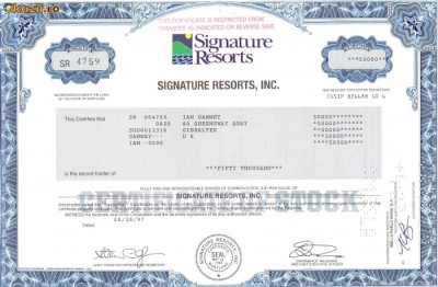 440 Actiuni - SIGNATURE RESORTS, INC. -seria SR 4759 foto