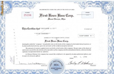 395 Actiuni -FIRST-KNOX BANC CORP. -seria 25206 foto
