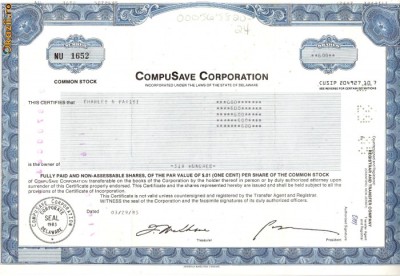 415 Actiuni -COMPUSAVE CORPORATION -seria NU 1652 foto