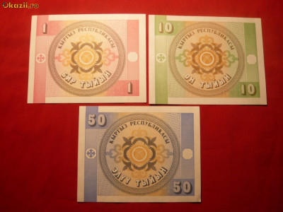 Set 3 Bancnote Kirgizstan ,val.1 ,10 ,50 Tilini , cal.NC foto