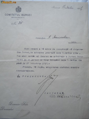 Adresa , Comitetul Bursei din Bucuresti , 1914 , semnata de presedinte foto