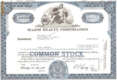 521 Actiuni -MAJOR REALTY CORPORATION -seria UJ 266424 foto