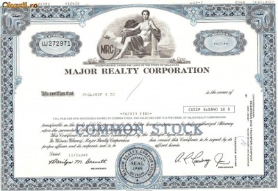 523 Actiuni -MAJOR REALTY CORPORATION -seria UJ 272971 foto
