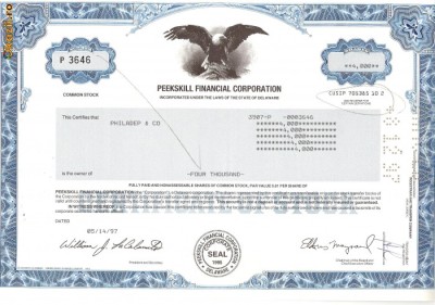 543 Actiuni -Peekskill Financial Corporation -seria P 3646 foto