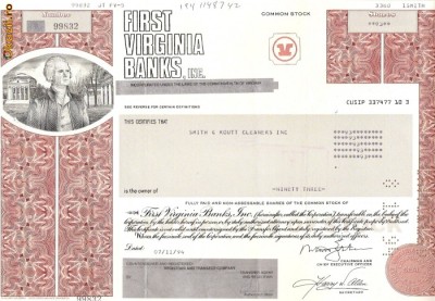 493 Actiuni -FIRST VIRGINIA BANKS, INC. -seria 99832 foto
