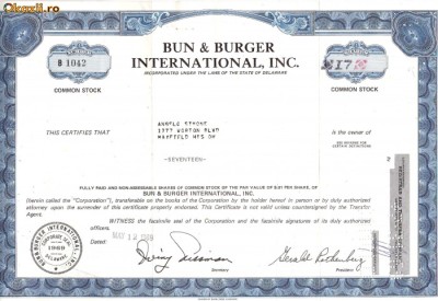 478 Actiuni - Bun &amp;amp;amp; Burger International, Inc. -seria B 1042 foto