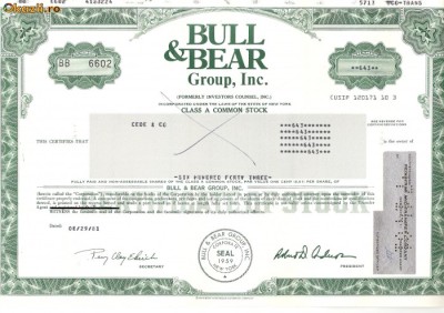 511 Actiuni -BULL &amp;amp;amp; BEAR Group, Inc. -seria BB 6602 foto