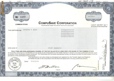 546 Actiuni -CompuSave Corporation -seria NU 1377 foto