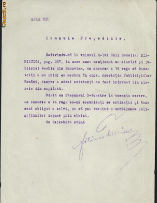 Semnatura pe document a scriitorului bucovinean Filimon Taniac , 1935 foto