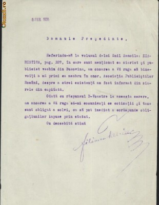 Semnatura pe cerere catre Asociatia Publicistilor Rom&amp;acirc;ni a scriitorului bucovinean Filimon Taniac, 1935 foto