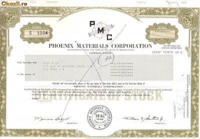 506 Actiuni -Phoenix Materials Corporation -seria S 1104 foto