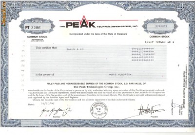 457 Actiuni -The Peak Technologies Group, INC. -seria PT 3296 foto