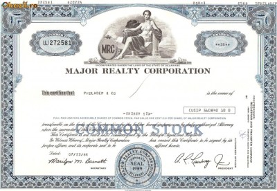 526 Actiuni -MAJOR REALTY CORPORATION -seria UJ 272581 foto