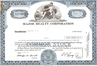 520 Actiuni -MAJOR REALTY CORPORATION -seria UJ 273096 foto