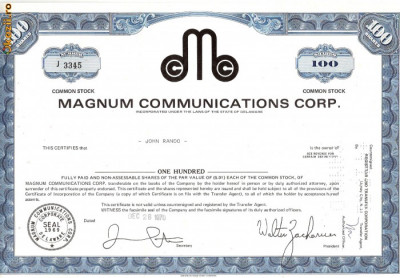 585 Actiuni -Magnum Communications Corp. -seria J 3345 foto