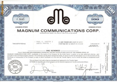 586 Actiuni -Magnum Communications Corp. -seria J 3445 foto