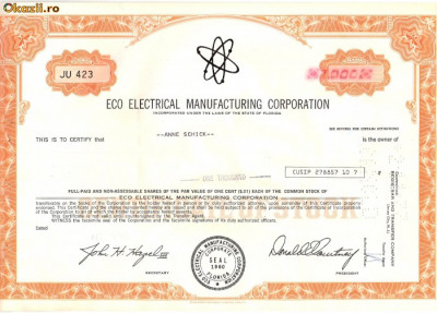 601 Actiuni -Eco Electrical Manufacturing Corporation -seria JU 423 foto