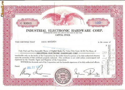 566 Actiuni -Industrial Electronic Hardware Corp. -seria C 93069 foto