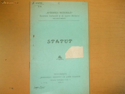 Statut Soc. Apararea Nationala Bucuresti 1911 foto