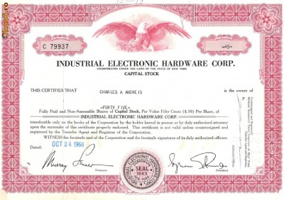 565 Actiuni -Industrial Electronic Hardware Corp. -seria C 79937 foto