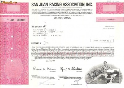 640 Actiuni -San Juan Racing Association, Inc. -seria JU 33808 foto