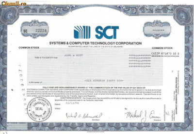 598 Actiuni -Systems &amp;amp;amp; Computer Technology Corporation -seriaSC22224 foto
