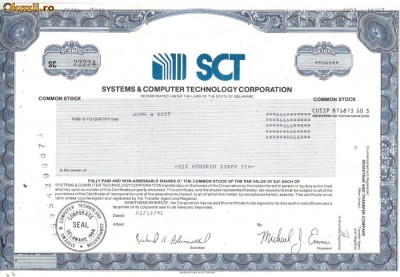 598 Actiuni -Systems &amp;amp;amp; Computer Technology Corporation -seriaSC22224 foto