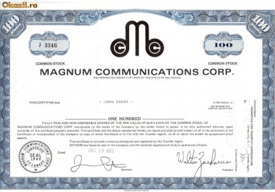 587 Actiuni -Magnum Communications Corp. -seria J 3346 foto