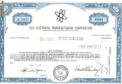 606 Actiuni -Eco Electrical Manufacturing Corporation -seria JC 10451 foto