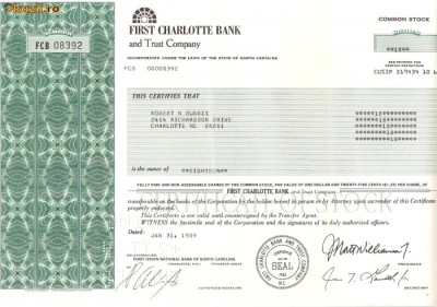 589 Actiuni -FIRST CHARLOTTE BANK -seria FCB 08392 foto