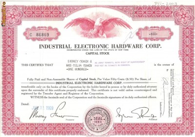 563 Actiuni -Industrial Electronic Hardware Corp. -seria C 86869 foto