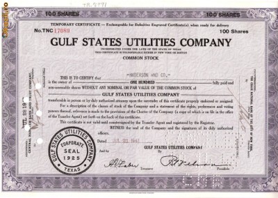 652 Actiuni -Gulf States Utilities Company -seria TNC 17089 foto