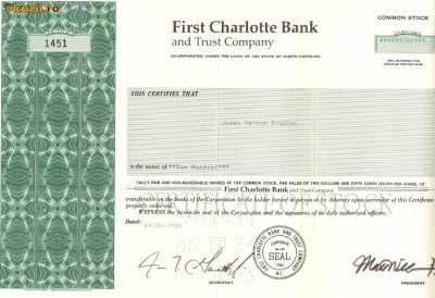 594 Actiuni -FIRST CHARLOTTE BANK -seria 1451 foto