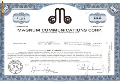 584 Actiuni -Magnum Communications Corp. -seria J 1959 foto