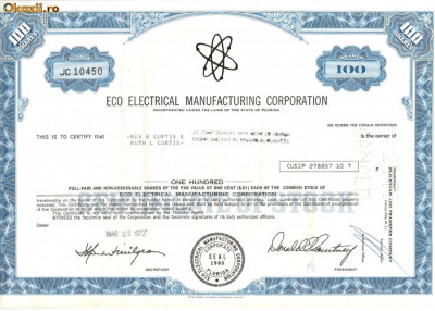 607 Actiuni -Eco Electrical Manufacturing Corporation -seria JC 10450 foto