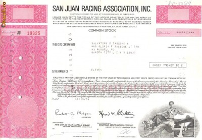 642 Actiuni -San Juan Racing Association, Inc. -seria JU 19325 foto