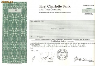 596 Actiuni -FIRST CHARLOTTE BANK -seria 1189 foto