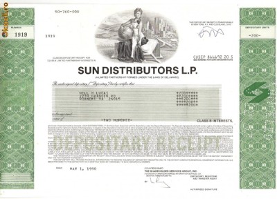 555 Actiuni -SUN DISTRIBUITORS L.P. -seria B 1919 foto