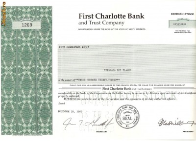 597 Actiuni -FIRST CHARLOTTE BANK -seria 1269 foto