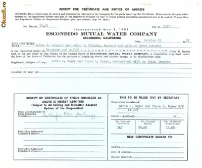 740 Actiuni -Escondido Mutual Water Company -seria B 1272 foto